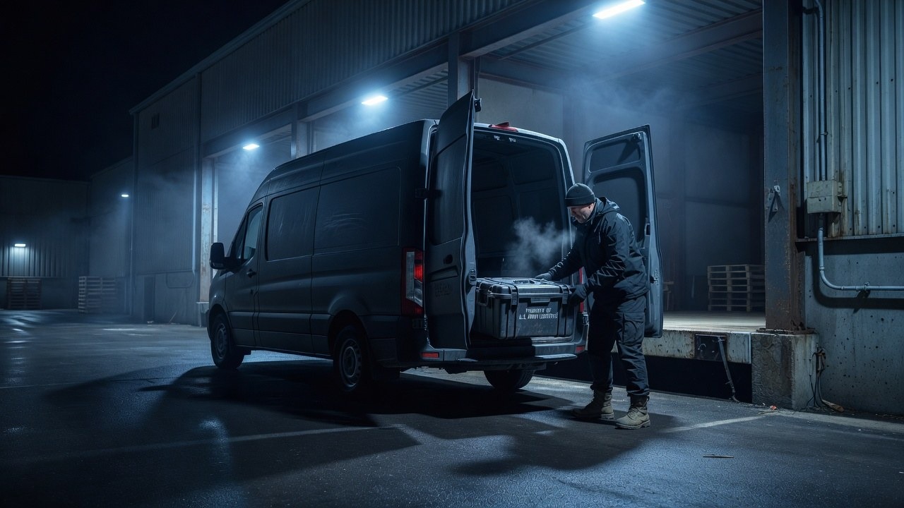 Kurier verlädt einen Transportkoffer in einen Transporter an einer Laderampe bei Nacht
